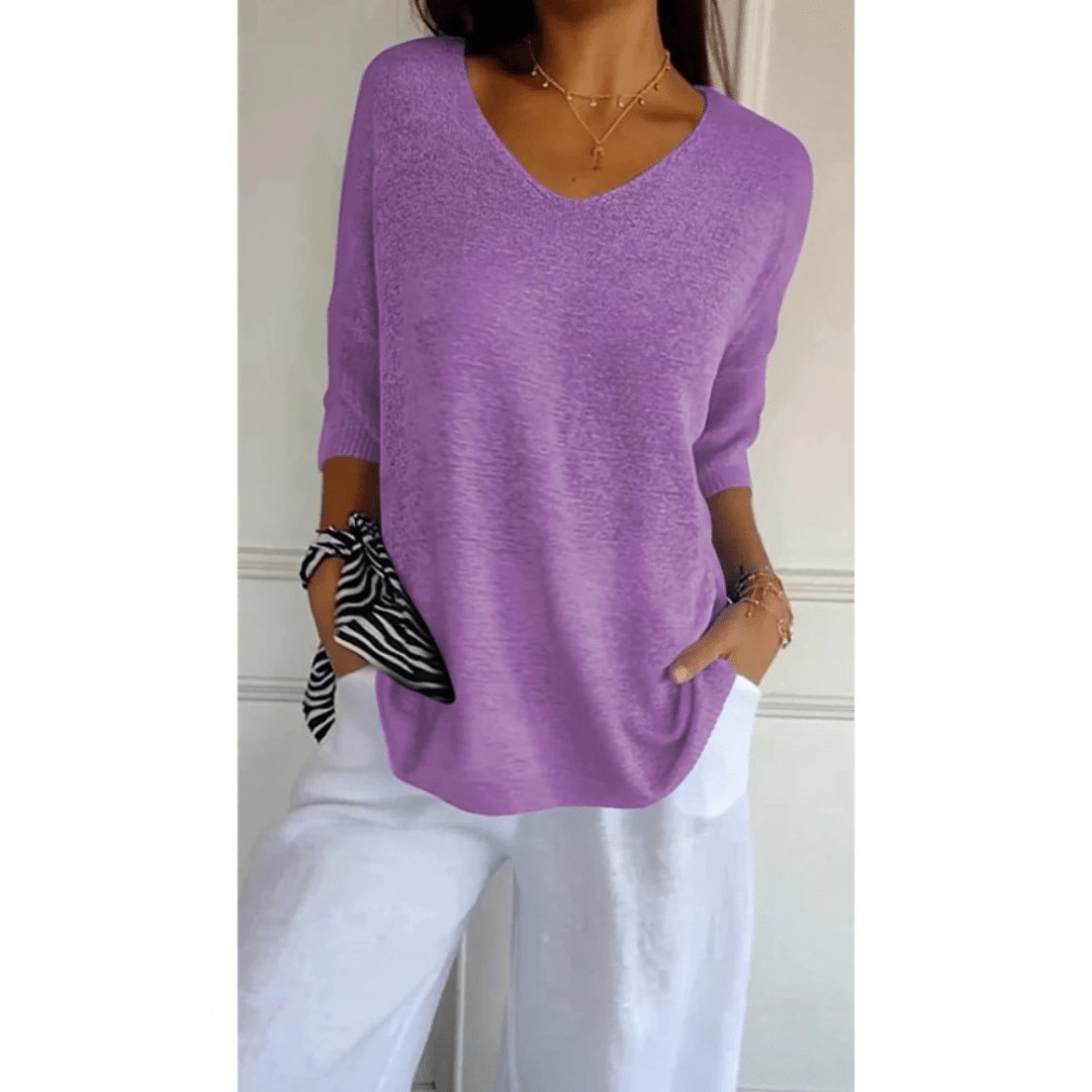 Linen V-Neck Blouse with 3/4 Sleeves