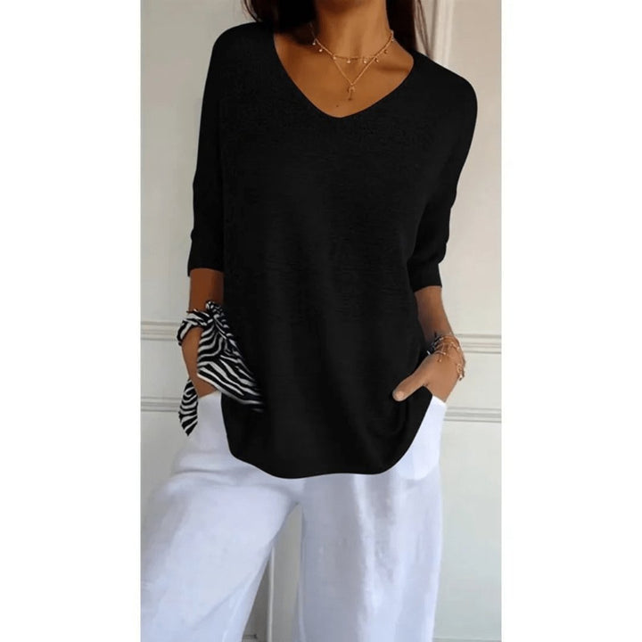 Linen V-Neck Blouse with 3/4 Sleeves