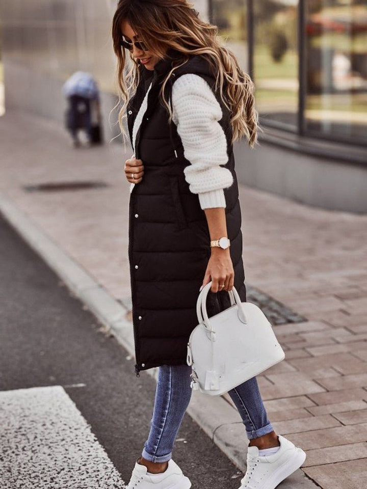 Long Hooded Quilted Puffer Gilet