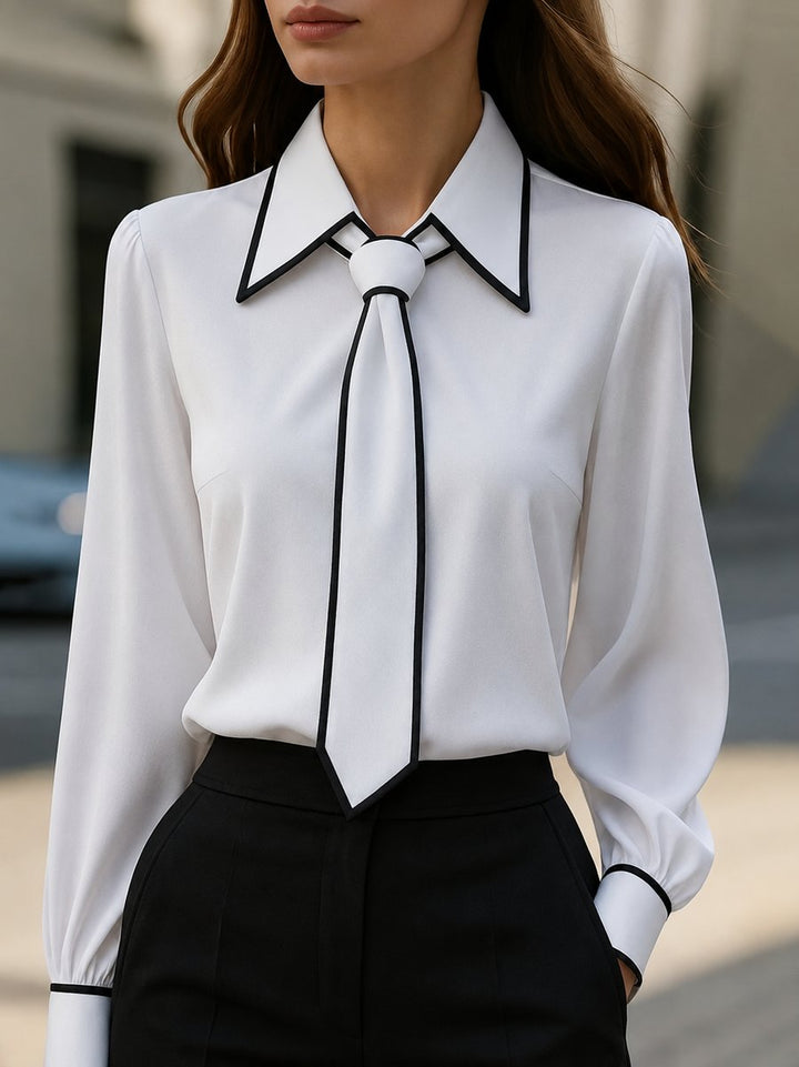 Long Sleeve Contrast Trim Tie Neck Blouse