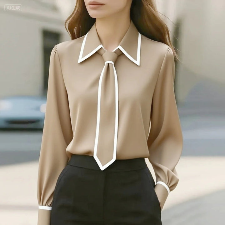 Long Sleeve Contrast Trim Tie Neck Blouse