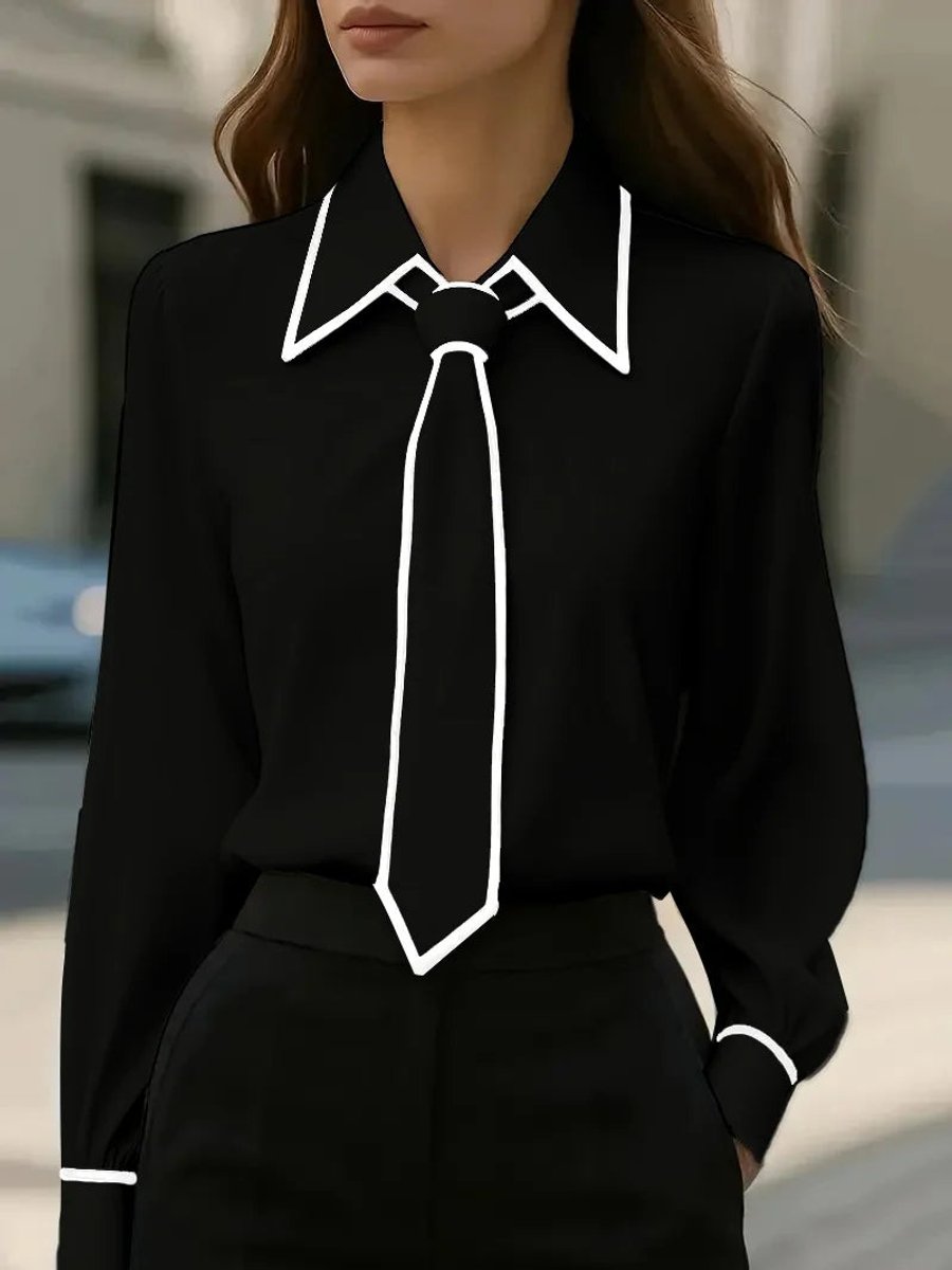 Long Sleeve Contrast Trim Tie Neck Blouse