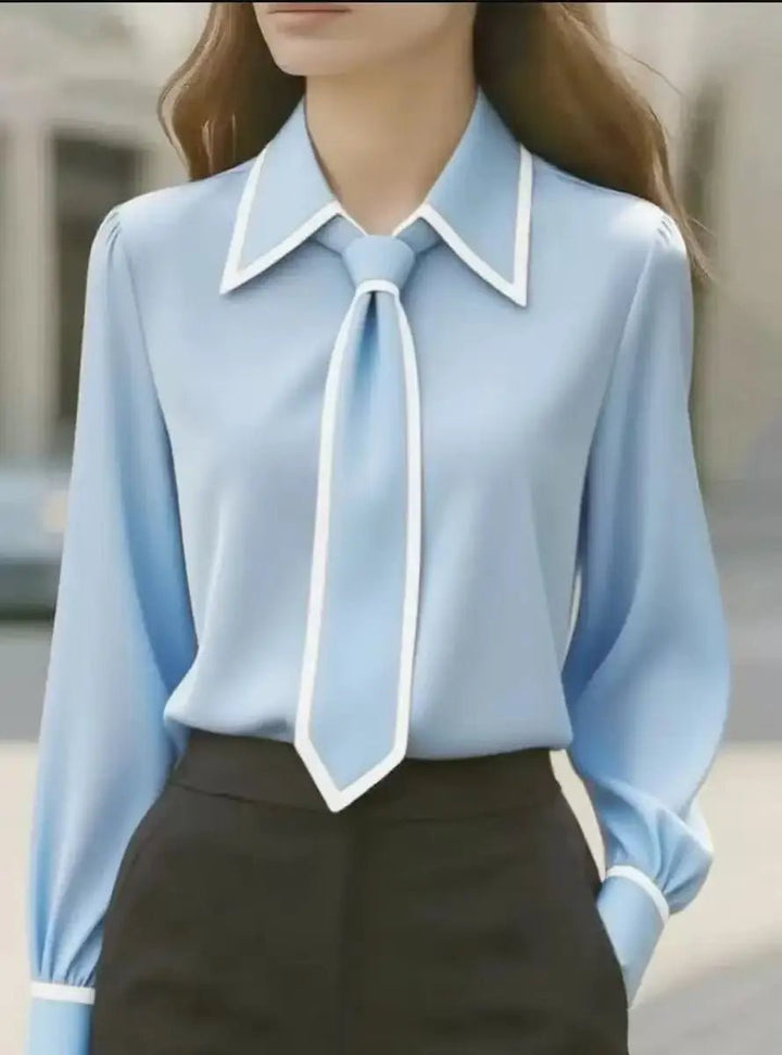 Long Sleeve Contrast Trim Tie Neck Blouse