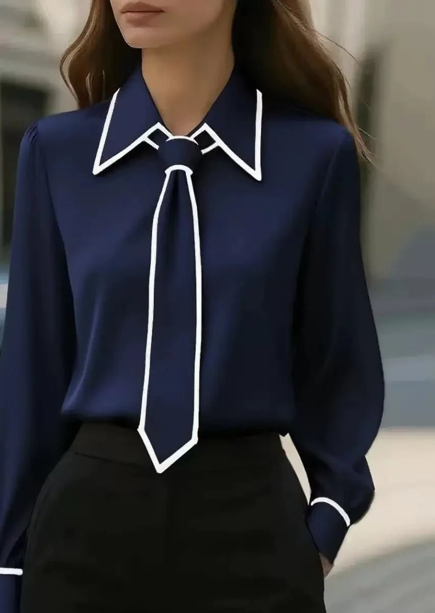 Long Sleeve Contrast Trim Tie Neck Blouse