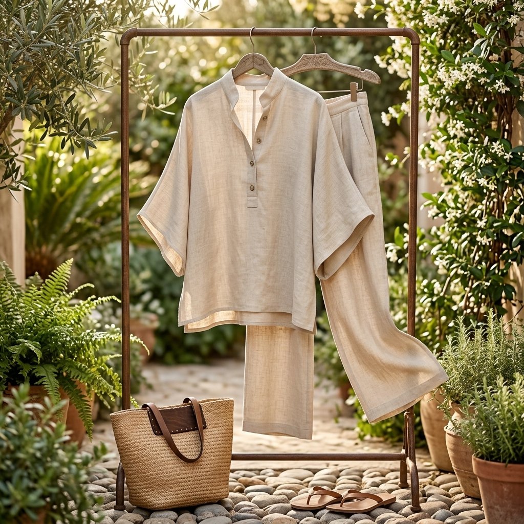Mandarin Collar Linen Two-Piece Set