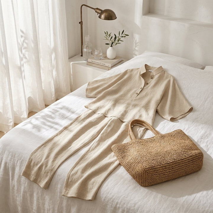 Mandarin Collar Linen Two-Piece Set