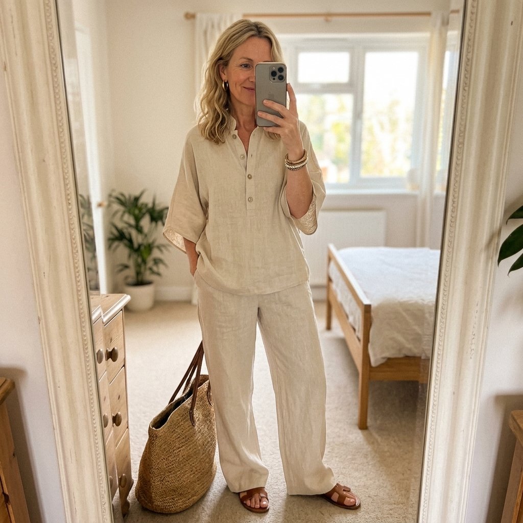 Mandarin Collar Linen Two-Piece Set