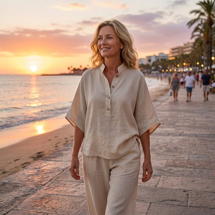 Mandarin Collar Linen Two-Piece Set