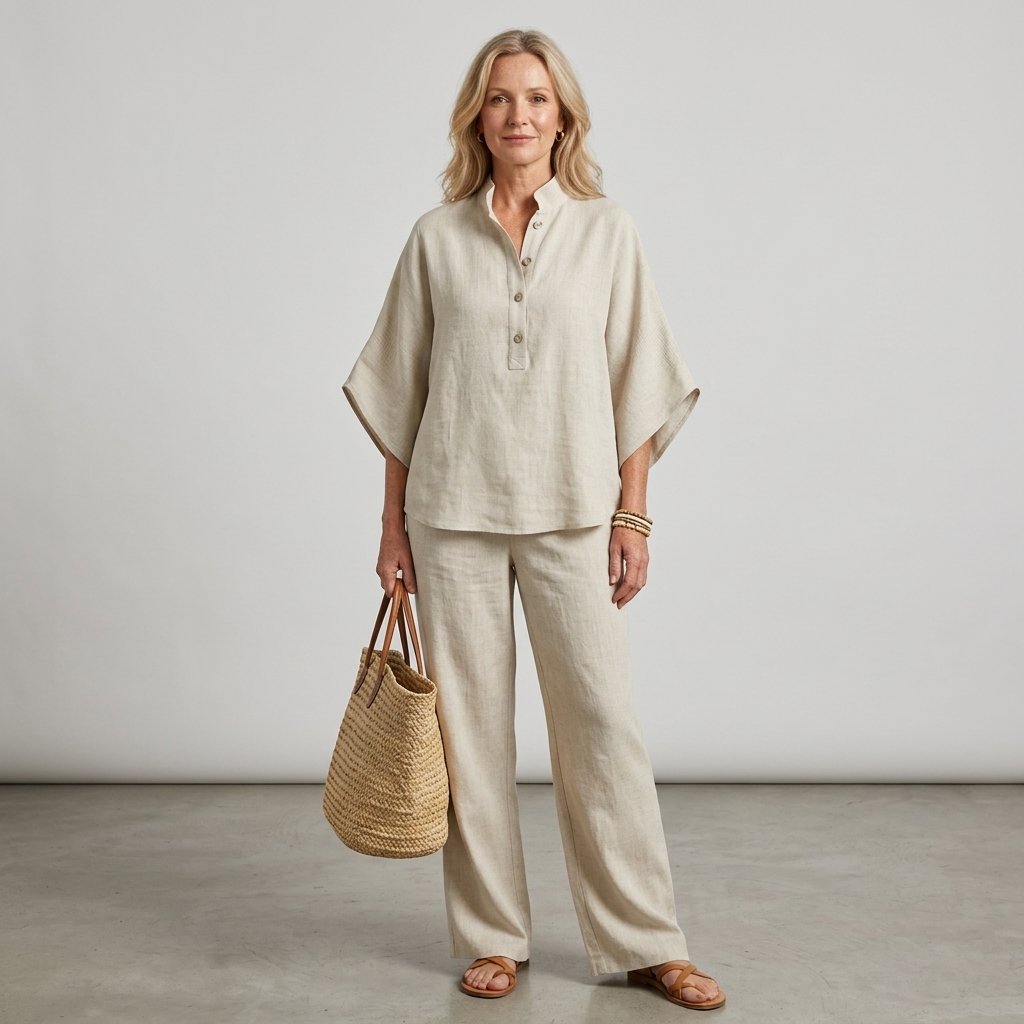Mandarin Collar Linen Two-Piece Set