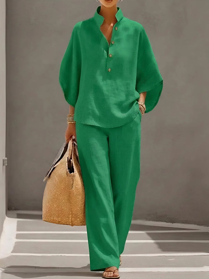 Mandarin Collar Linen Two-Piece Set