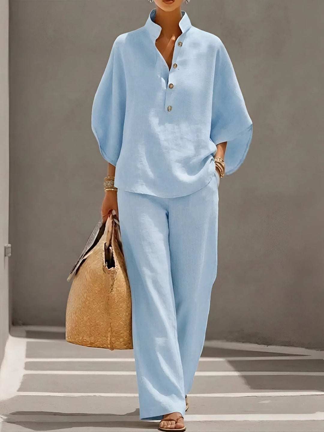Mandarin Collar Linen Two-Piece Set