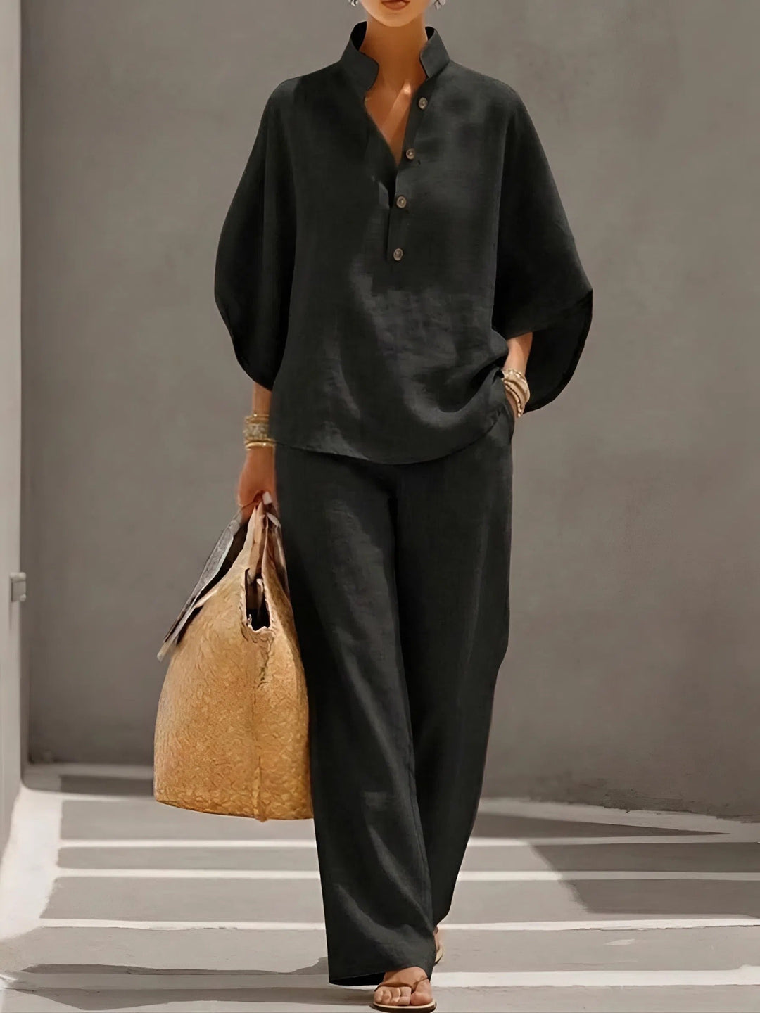 Mandarin Collar Linen Two-Piece Set