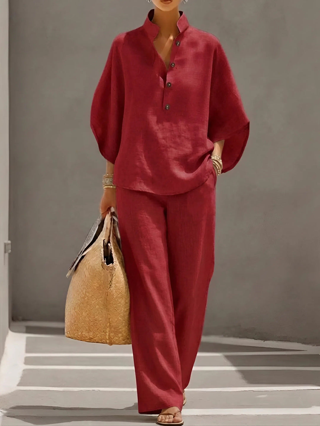 Mandarin Collar Linen Two-Piece Set