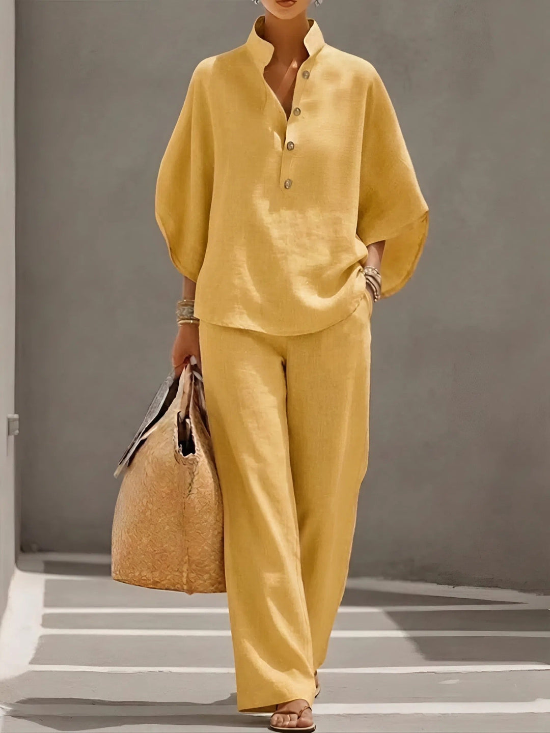 Mandarin Collar Linen Two-Piece Set