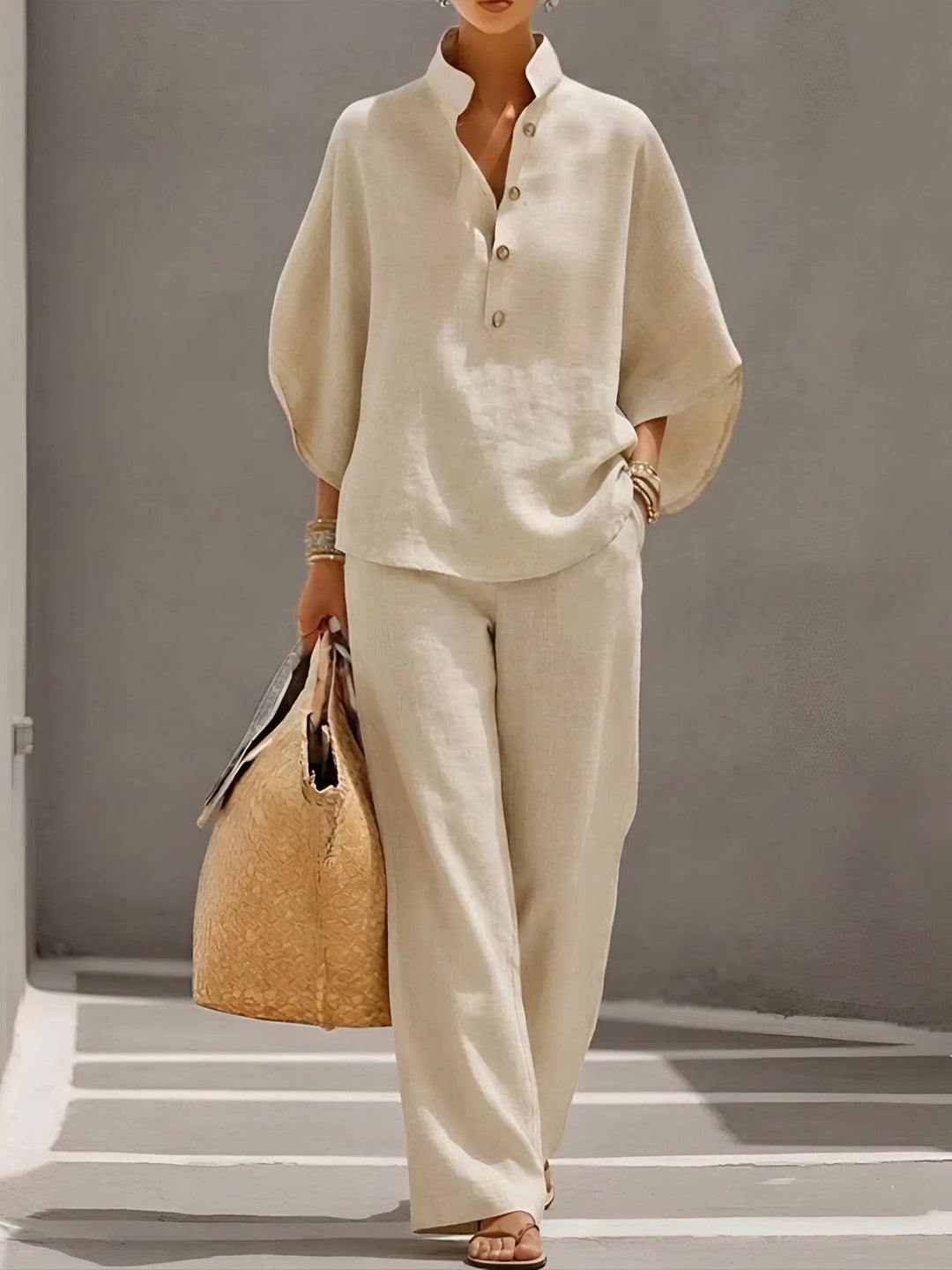 Mandarin Collar Linen Two-Piece Set