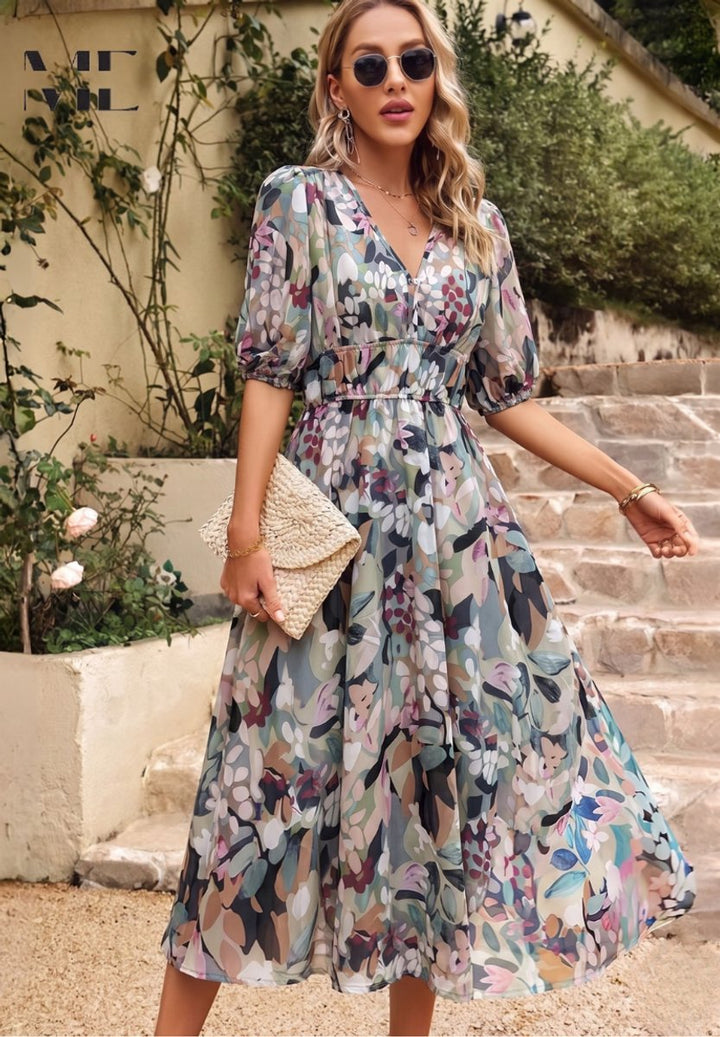 Floral Print V-Neck Midi Dress