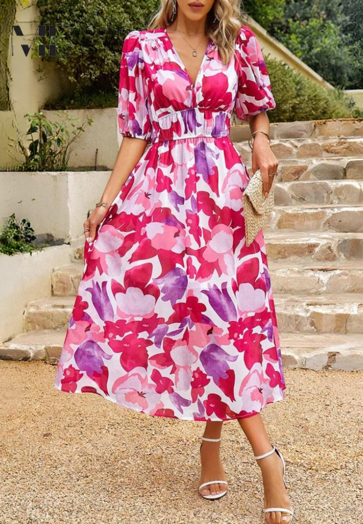 Floral Print V-Neck Midi Dress