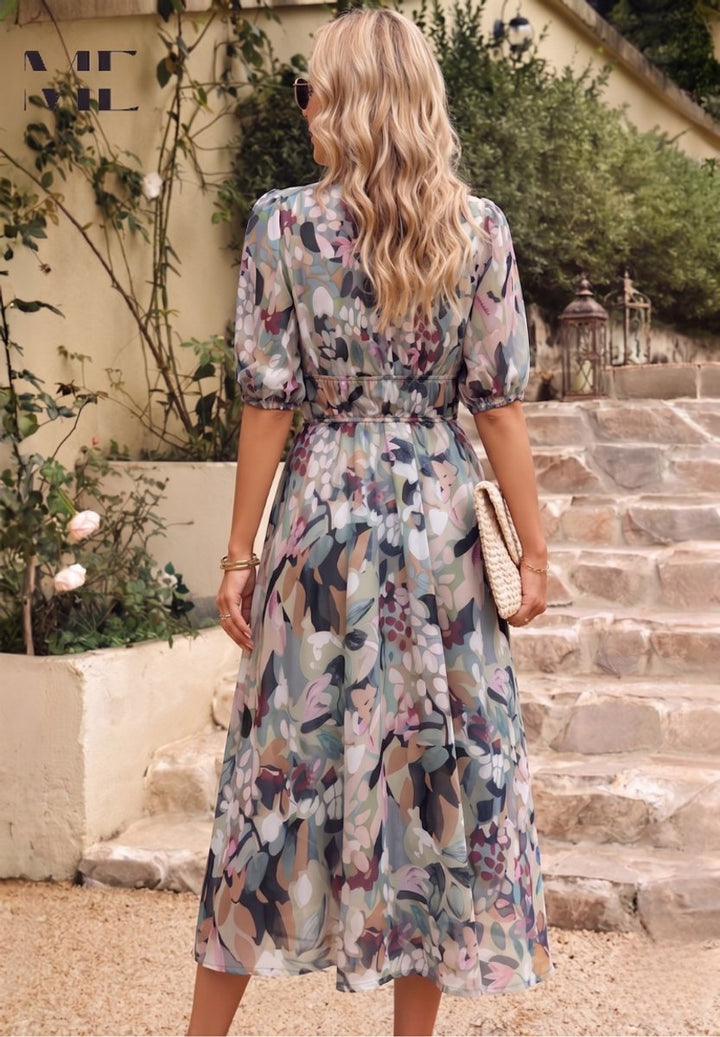 Floral Print V-Neck Midi Dress