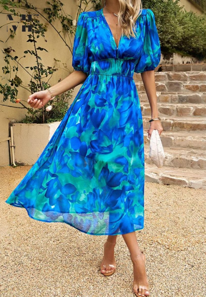 Floral Print V-Neck Midi Dress