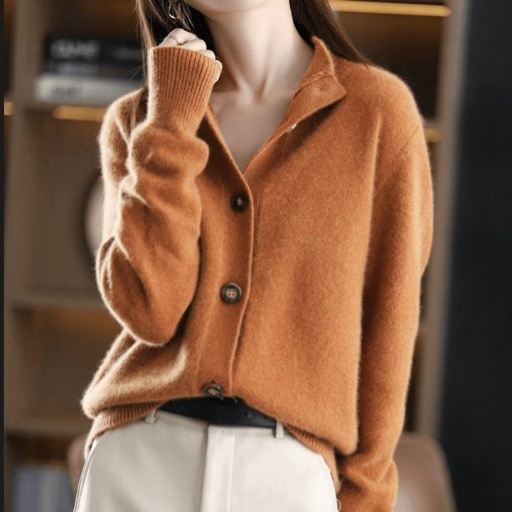 Mock-Neck Button-Front Cashmere Blend Cardigan