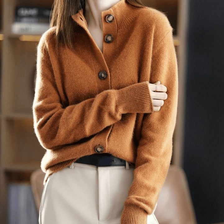 Mock-Neck Button-Front Cashmere Blend Cardigan