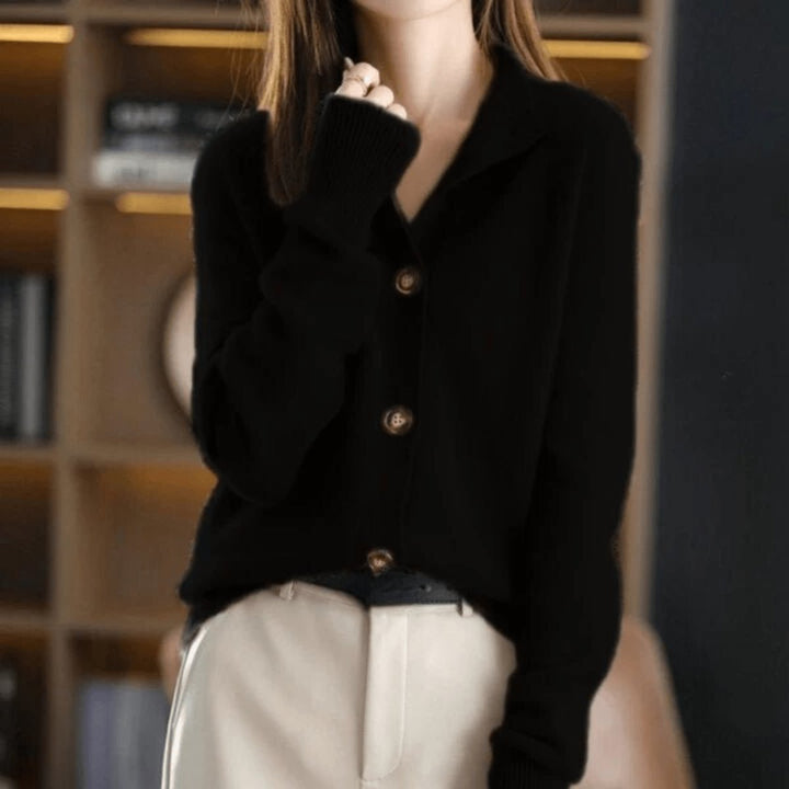 Mock-Neck Button-Front Cashmere Blend Cardigan