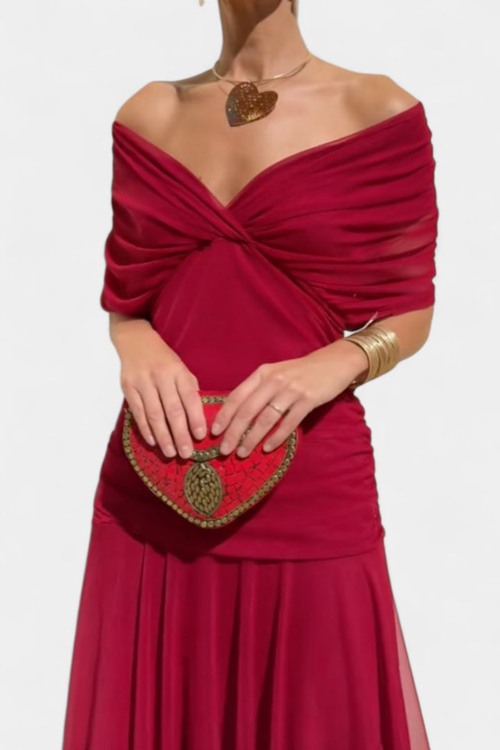 Off-Shoulder Flowing Maxi Cocktail Dress