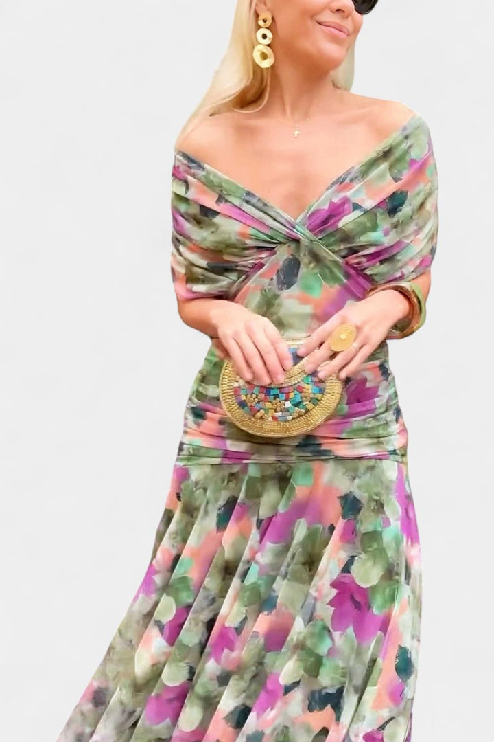 Off-Shoulder Flowing Maxi Cocktail Dress