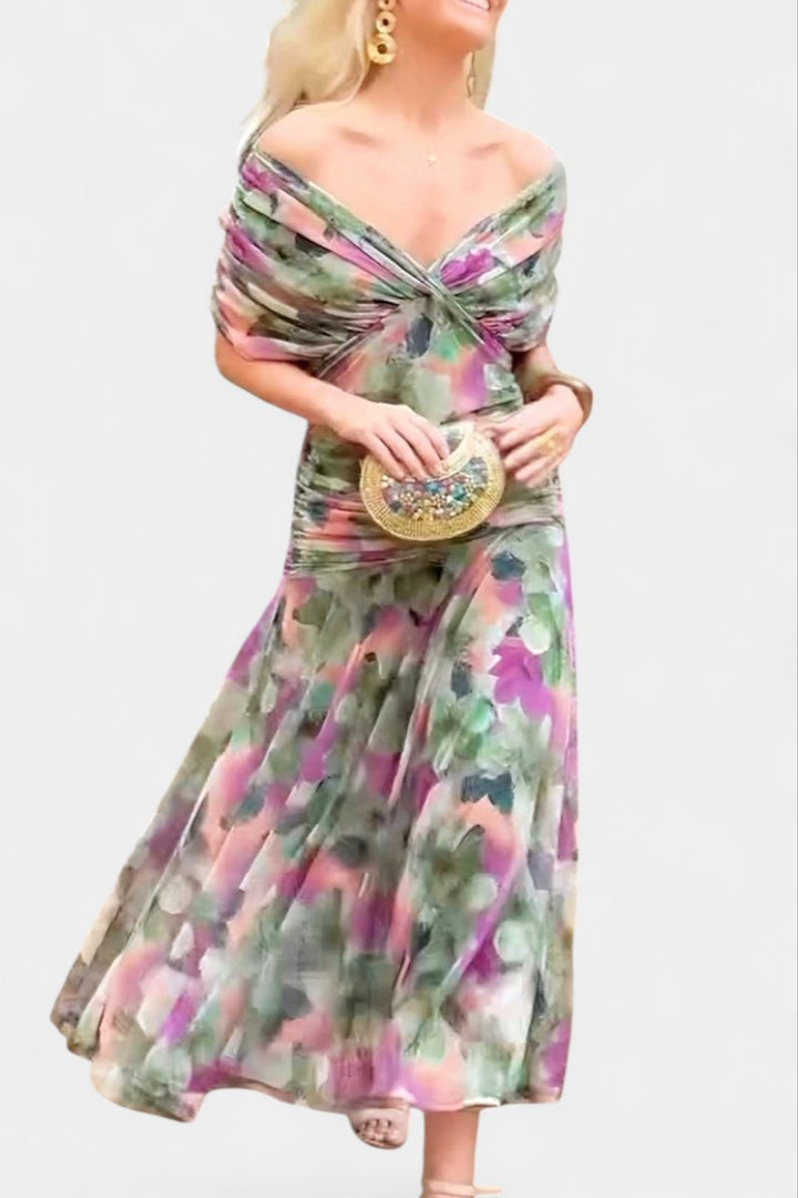 Off-Shoulder Flowing Maxi Cocktail Dress