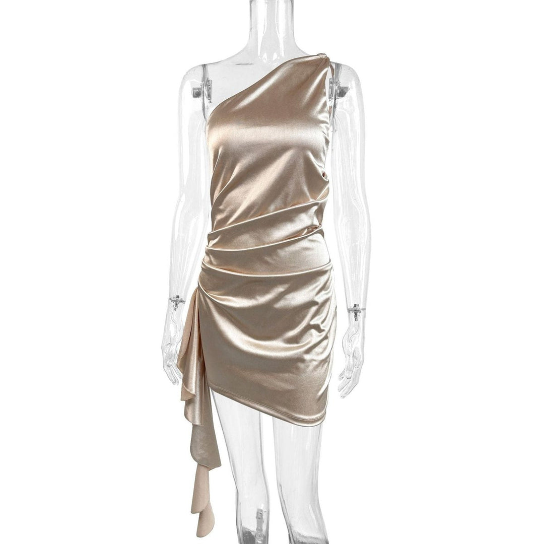 One-Shoulder Asymmetric Draped Satin Cocktail Dress