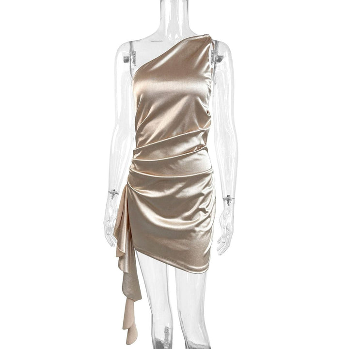 One-Shoulder Asymmetric Draped Satin Cocktail Dress