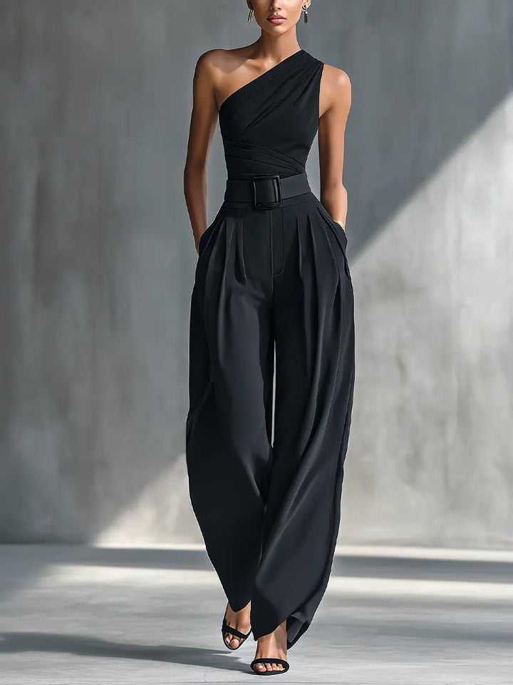 One-Shoulder Knit Wide-Leg Trouser Set