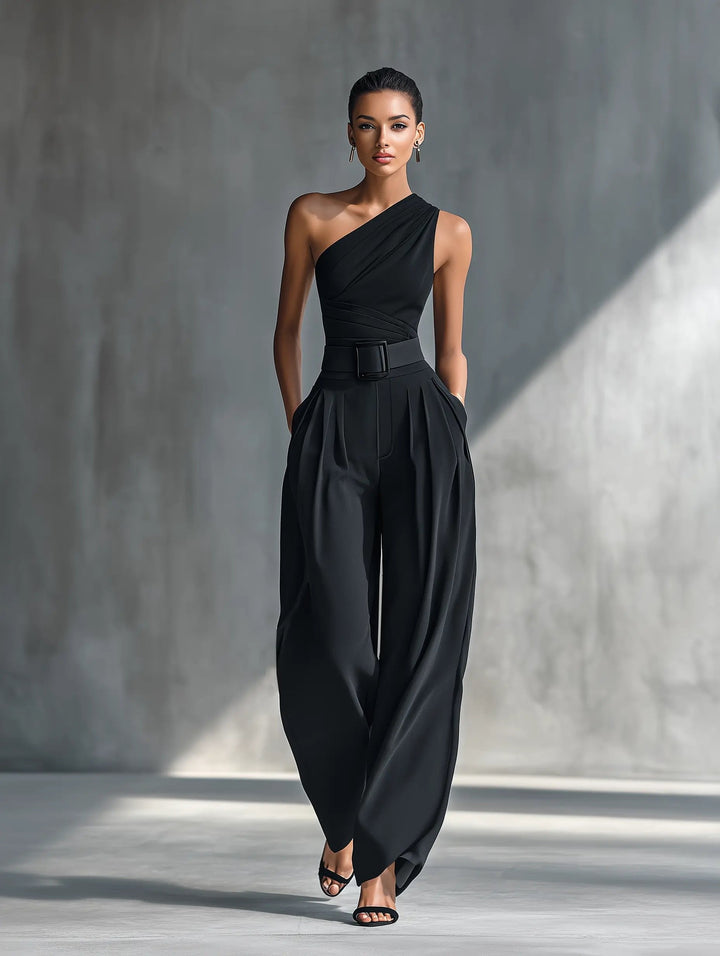 One-Shoulder Knit Wide-Leg Trouser Set
