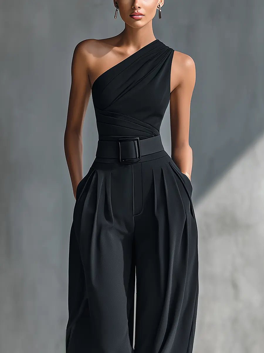 One-Shoulder Knit Wide-Leg Trouser Set