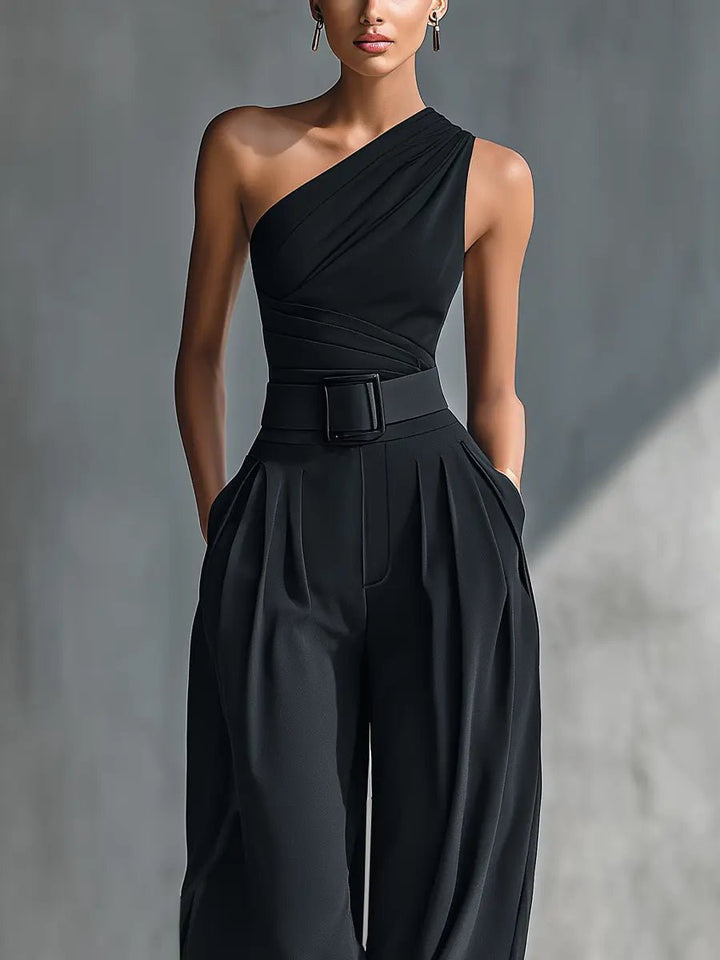 One-Shoulder Knit Wide-Leg Trouser Set