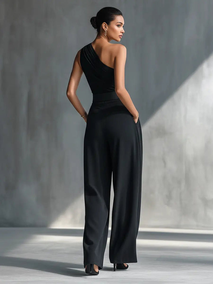 One-Shoulder Knit Wide-Leg Trouser Set