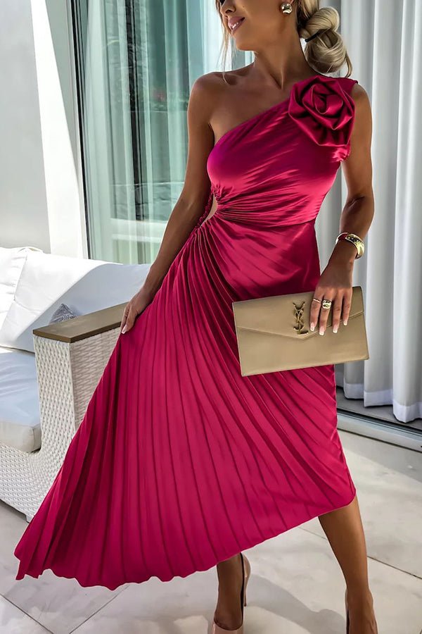 One Shoulder Pleated Maxi Dress with Floral Detail
