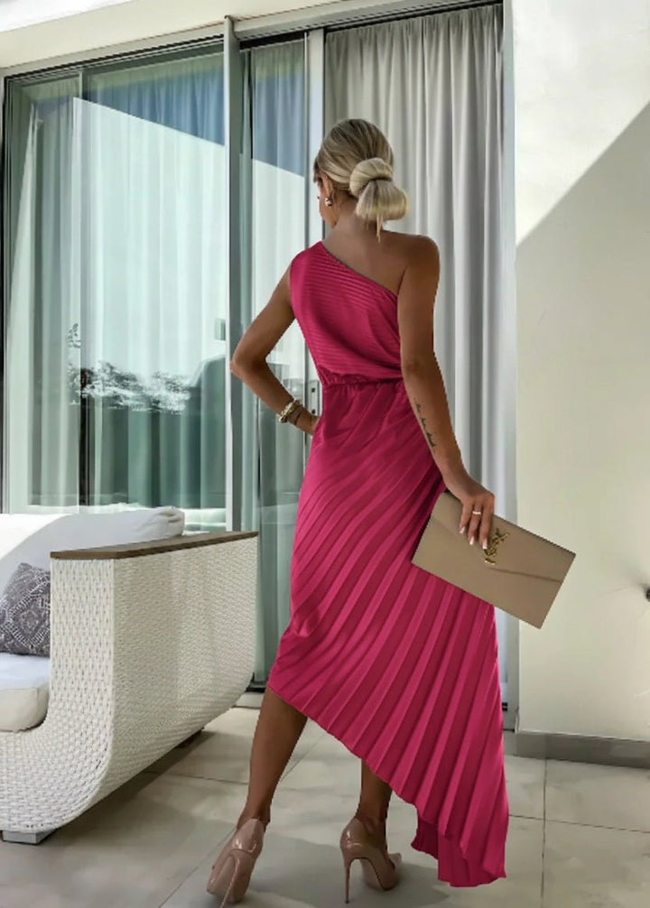One Shoulder Pleated Maxi Dress with Floral Detail