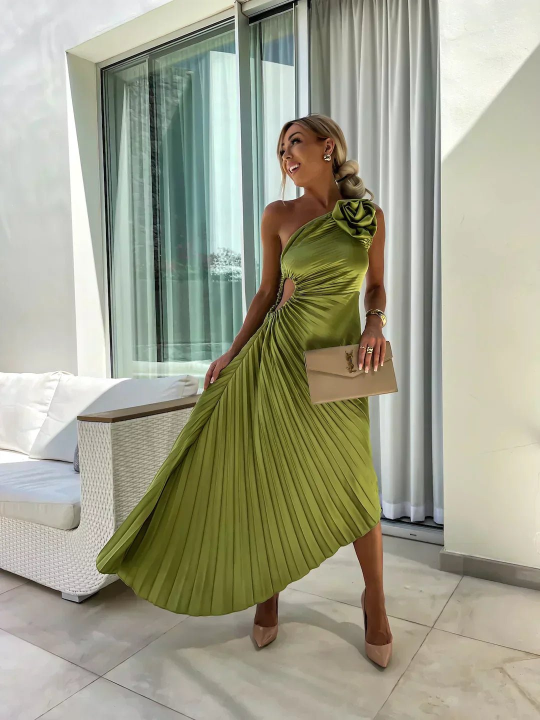 One Shoulder Pleated Maxi Dress with Floral Detail