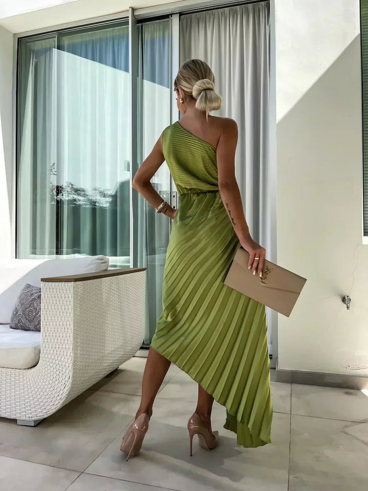 One Shoulder Pleated Maxi Dress with Floral Detail