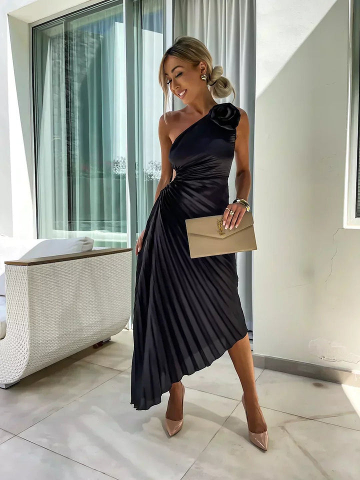 One Shoulder Pleated Maxi Dress with Floral Detail