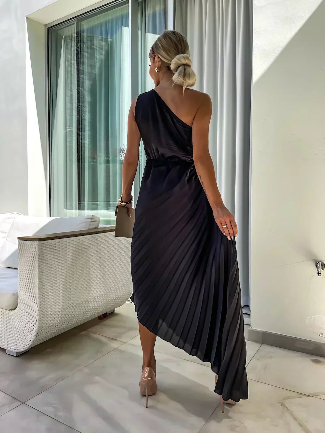 One Shoulder Pleated Maxi Dress with Floral Detail