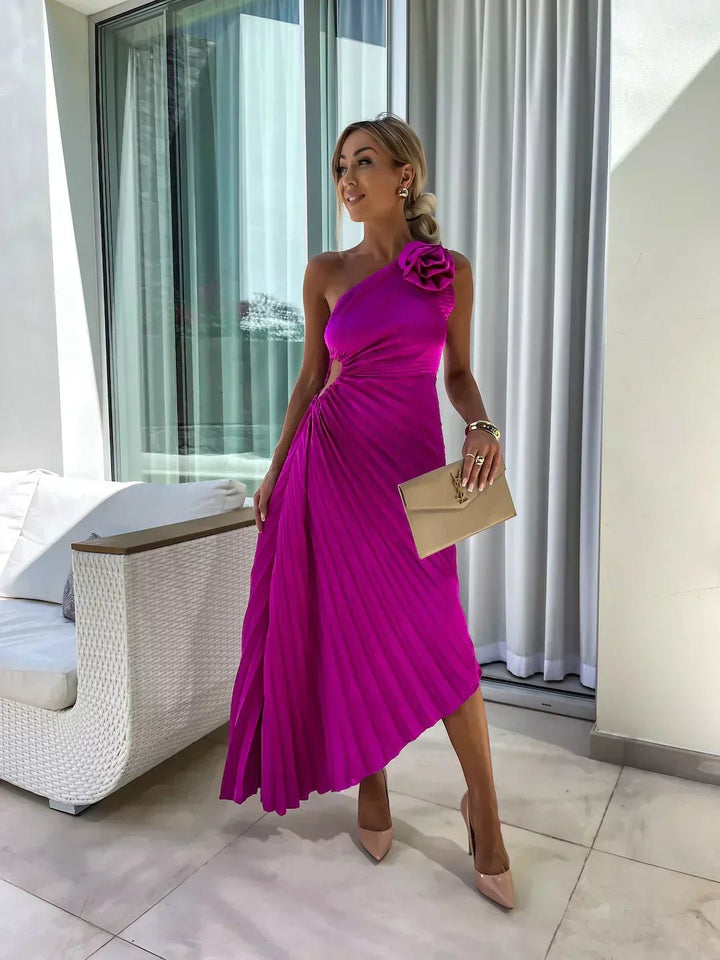 One Shoulder Pleated Maxi Dress with Floral Detail