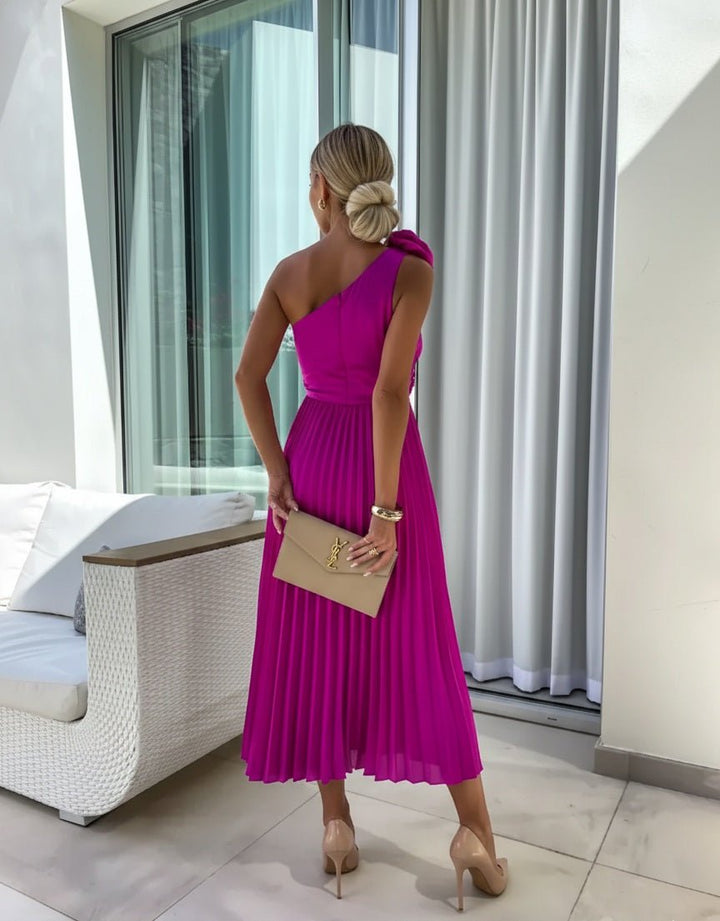 One Shoulder Pleated Maxi Dress with Floral Detail
