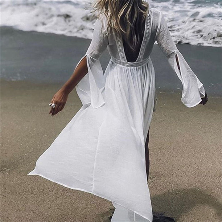 Open-Back Flared-Sleeve Maxi Beach Dress