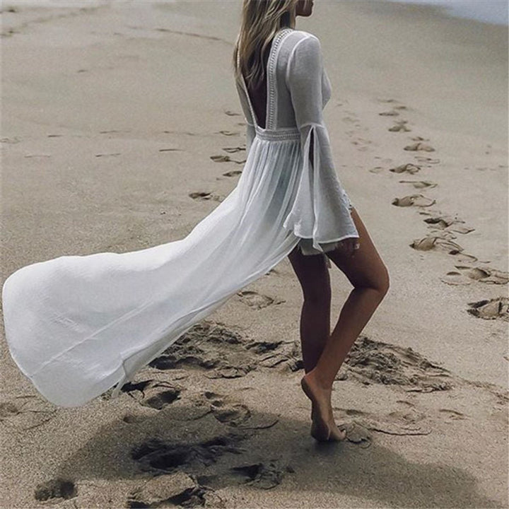 Open-Back Flared-Sleeve Maxi Beach Dress