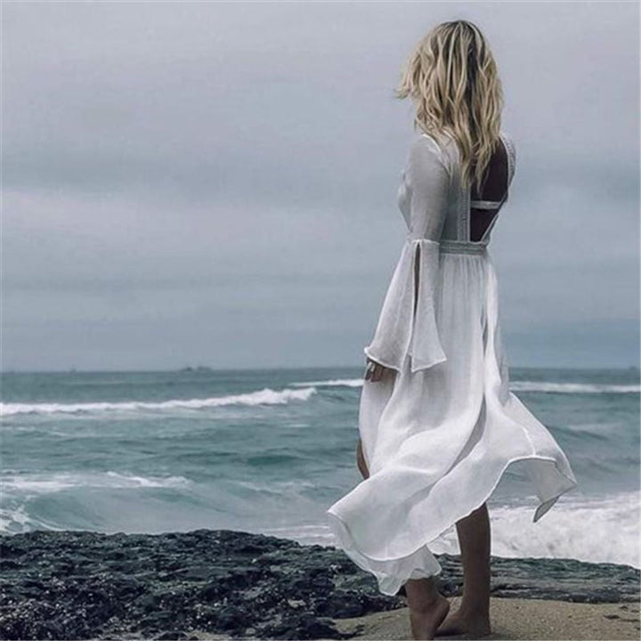 Open-Back Flared-Sleeve Maxi Beach Dress