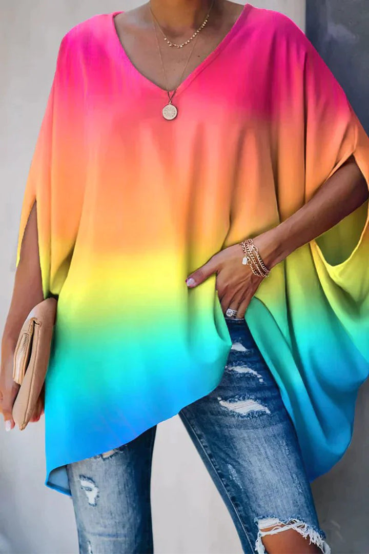 Oversized Batwing-Sleeve V-Neck Tunic Top
