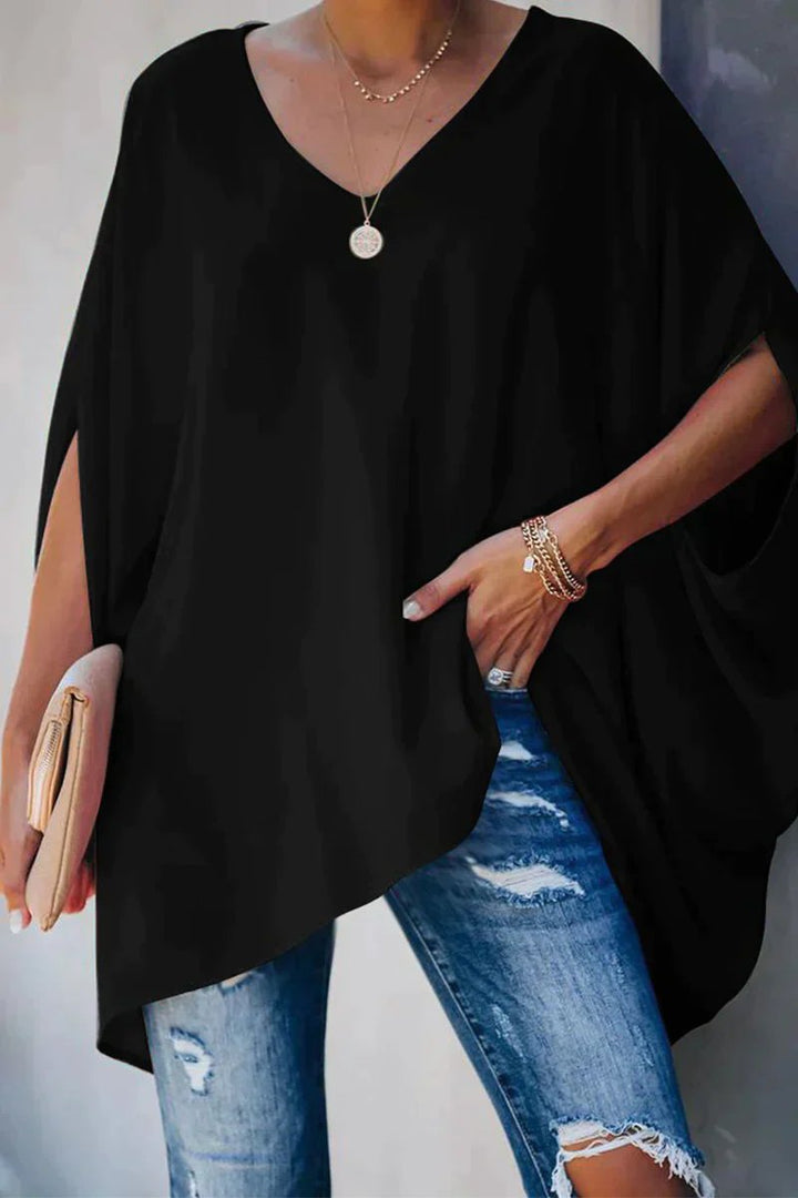Oversized Batwing-Sleeve V-Neck Tunic Top