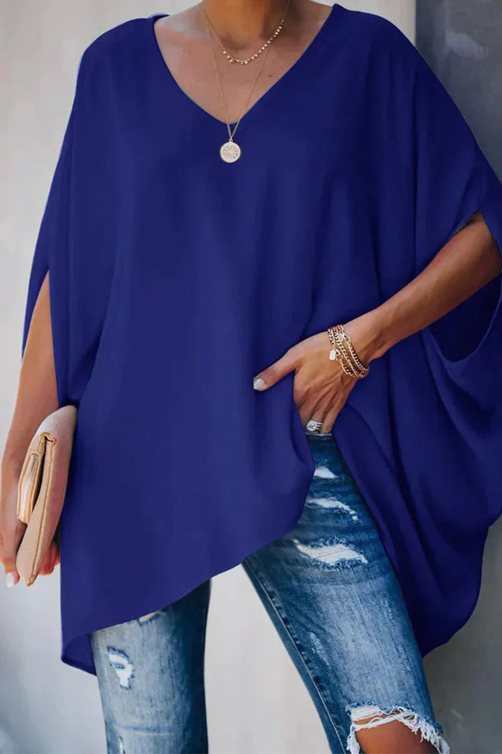 Oversized Batwing-Sleeve V-Neck Tunic Top
